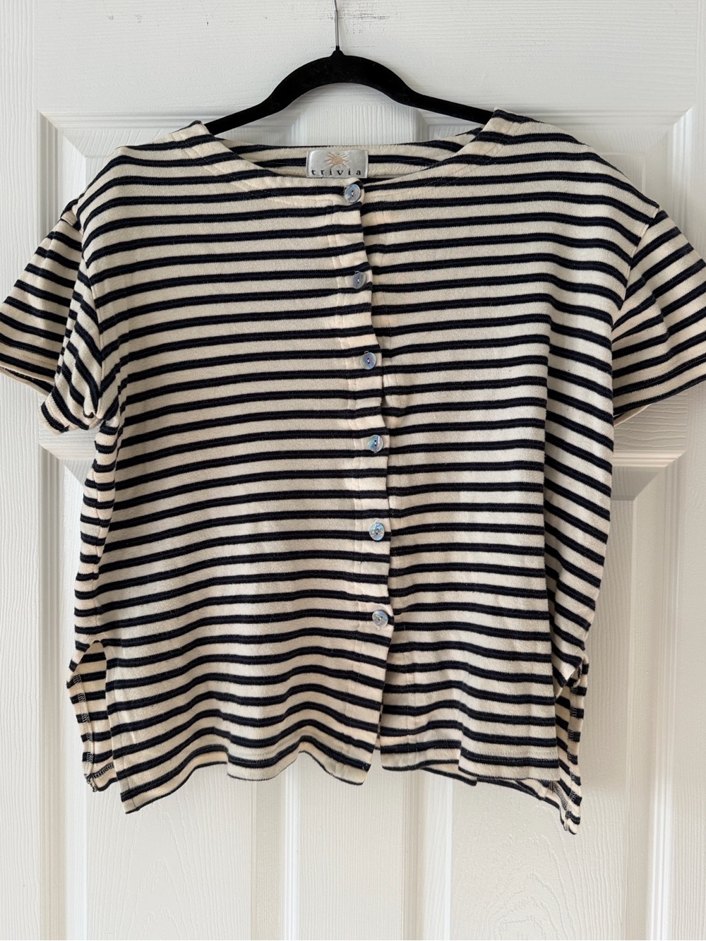 Vintage Trivia Striped Button Down Short Sleeve Top in Black, Navy, and Cream